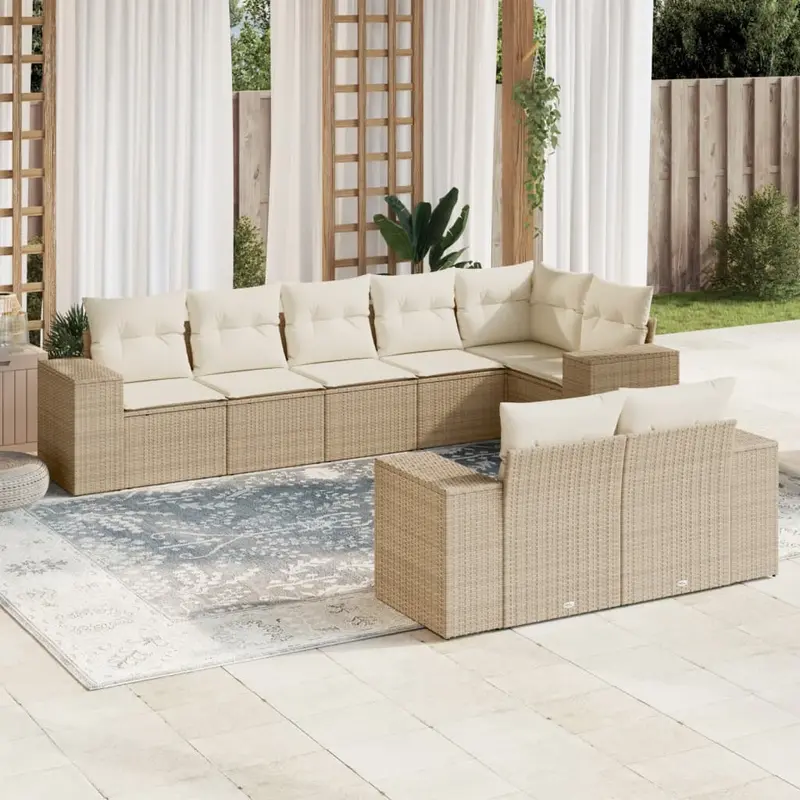 Juego de sofás de jardín con cojines beige 8 pzas ratán PE