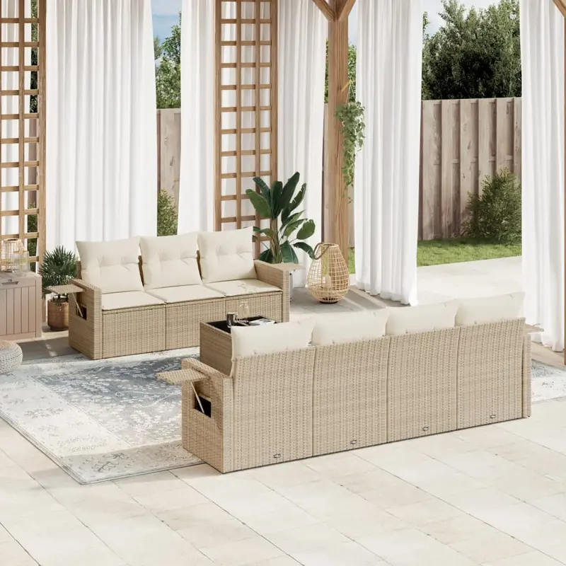 Juego de sofás de jardín con cojines beige 8 pzas ratán PE