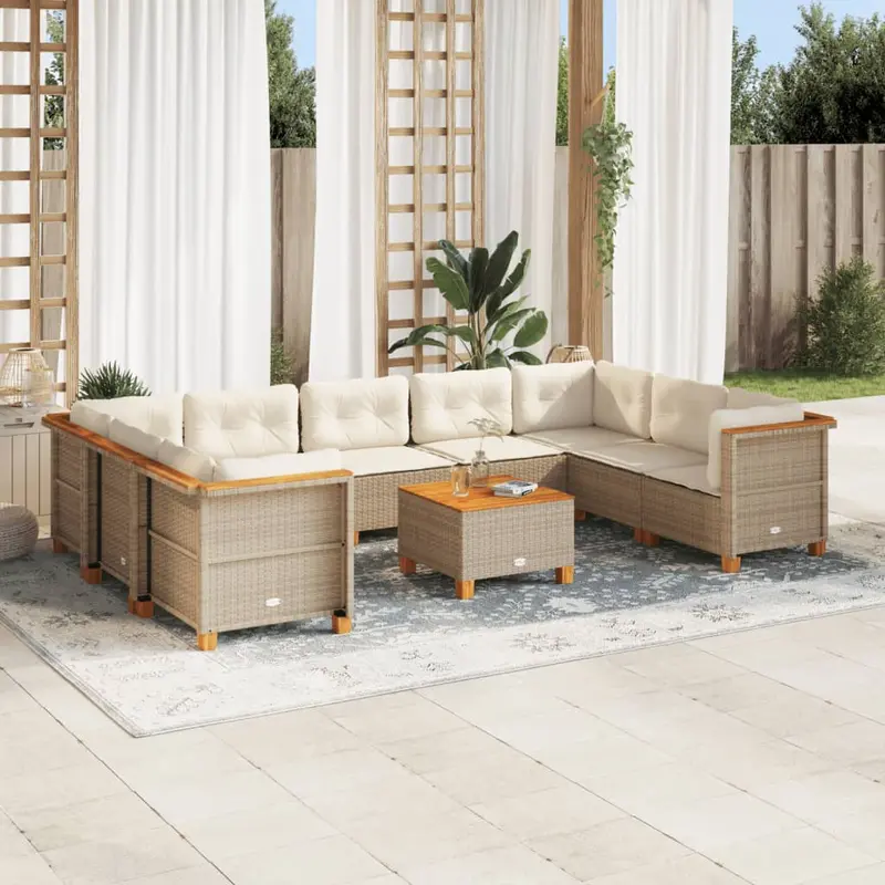 Juego de sofás jardín con cojines beige 10 pzas ratán sintético