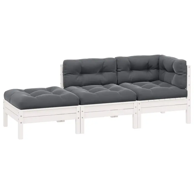Juego muebles jardín 3 pzas cojines blanco madera pino maciza