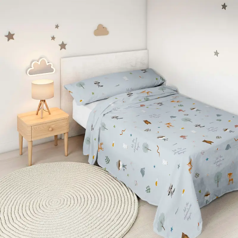 JUEGO SÁBANAS ESTAMPADAS INFANTIL AVENTURA BOSQUE B 100% ALGODÓN