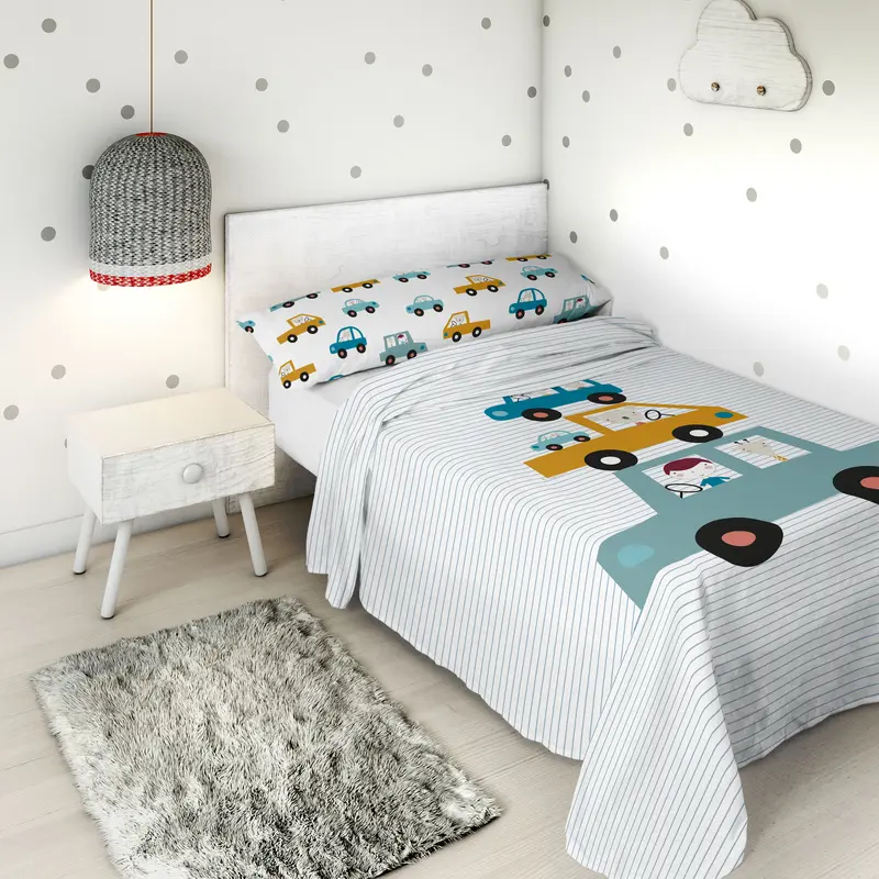 JUEGO SÁBANAS ESTAMPADAS INFANTIL COCHES A 100% ALGODÓN