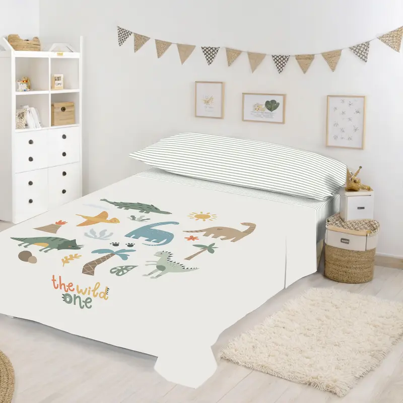 JUEGO SÁBANAS ESTAMPADAS INFANTIL DINOLAND 100% ALGODÓN