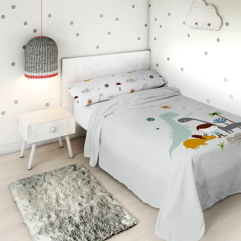 JUEGO SÁBANAS ESTAMPADAS INFANTIL DINOS A 100% ALGODÓN
