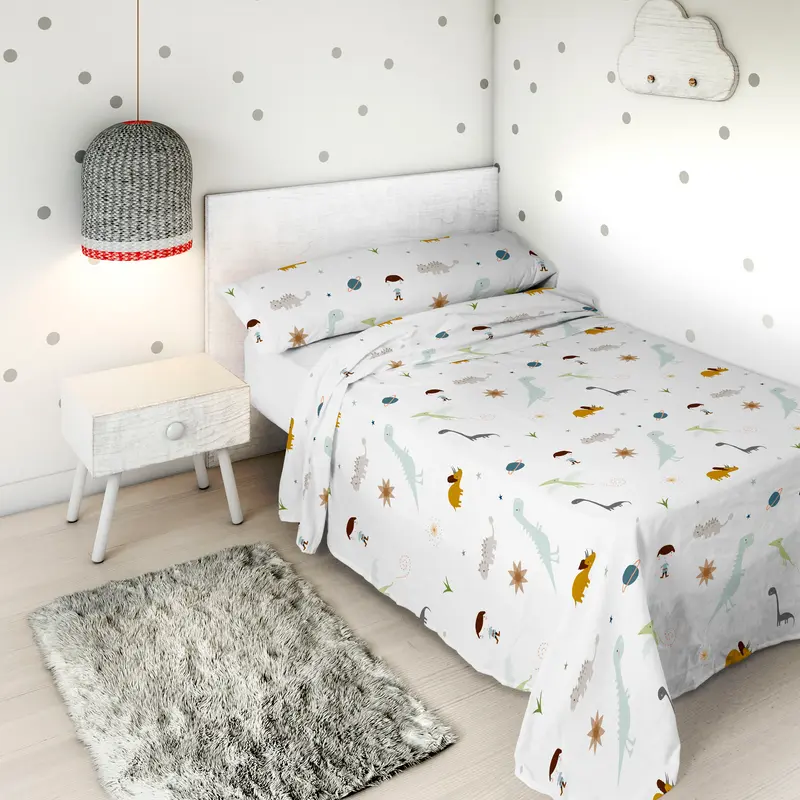 JUEGO SÁBANAS ESTAMPADAS INFANTIL DINOS B 100% ALGODÓN