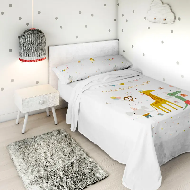 JUEGO SÁBANAS ESTAMPADAS INFANTIL FIESTA 100% ALGODÓN
