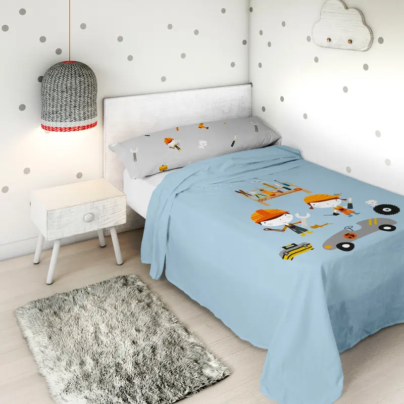 JUEGO SÁBANAS ESTAMPADAS INFANTIL HERRAMIENTAS 100% ALGODÓN