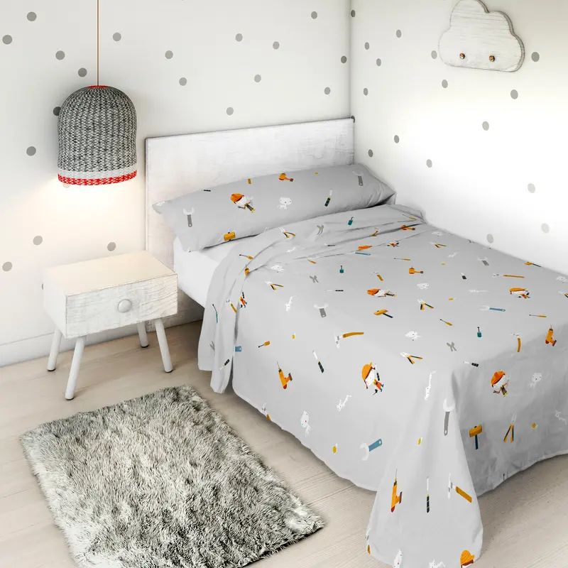 JUEGO SÁBANAS ESTAMPADAS INFANTIL HERRAMIENTAS B 100% ALGODÓN