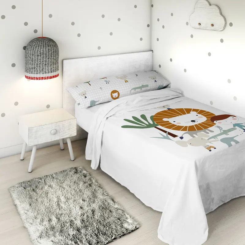 JUEGO SÁBANAS ESTAMPADAS INFANTIL JUNGLA NIÑO A 100% ALGODÓN