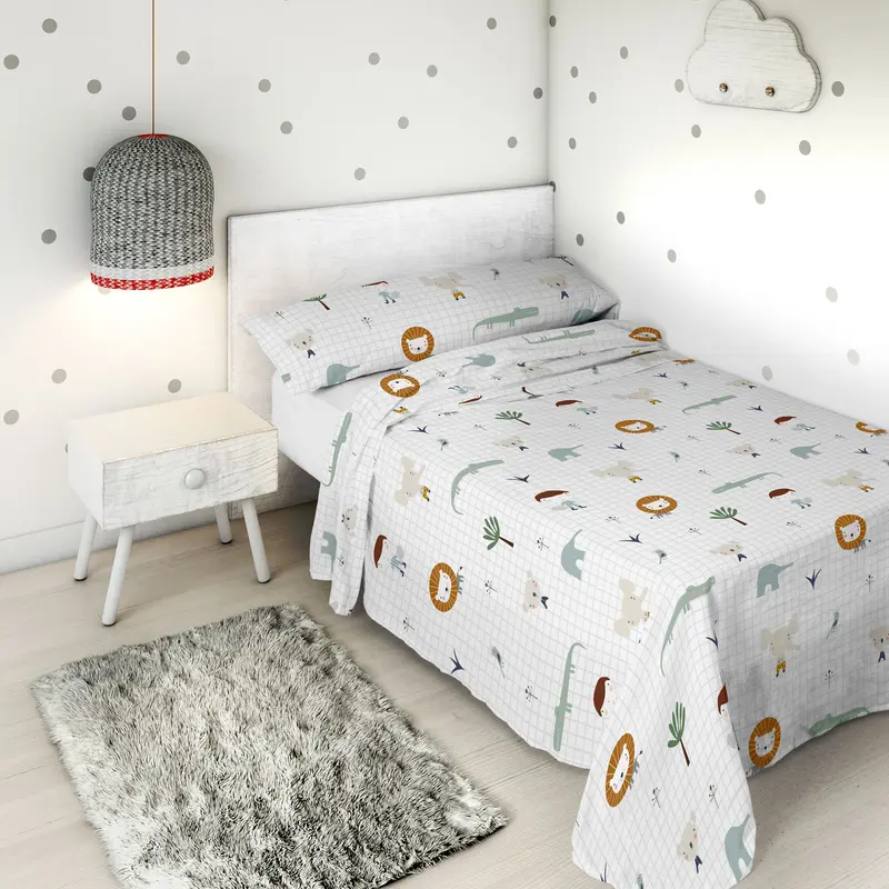 JUEGO SÁBANAS ESTAMPADAS INFANTIL JUNGLA NIÑO B 100% ALGODÓN