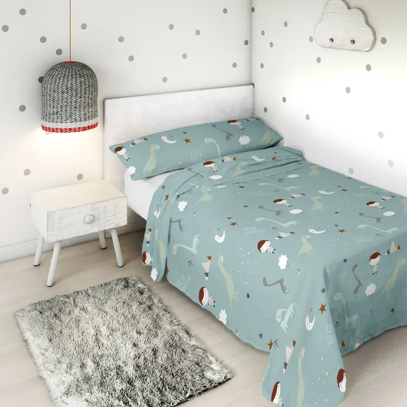 JUEGO SÁBANAS ESTAMPADAS INFANTIL JURASIC GREEN B 100% ALGODÓN