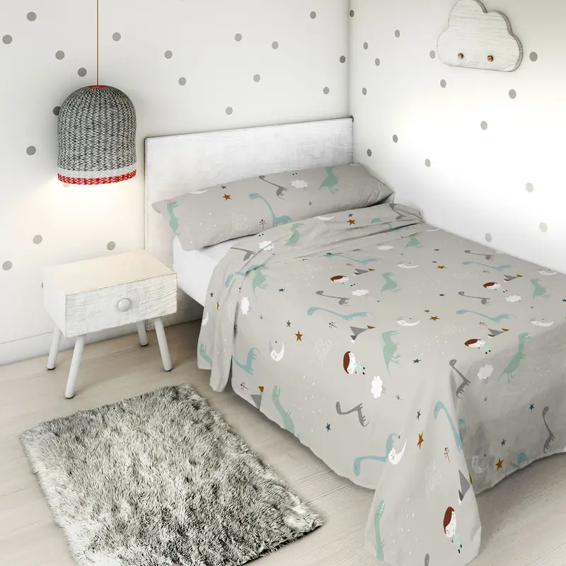 JUEGO SÁBANAS ESTAMPADAS INFANTIL JURASIC WHITE B 100% ALGODÓN