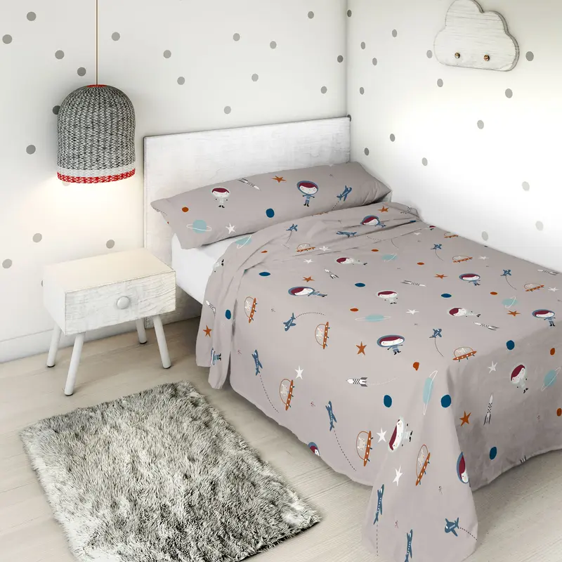 JUEGO SÁBANAS ESTAMPADAS INFANTIL PLANETA B 100% ALGODÓN