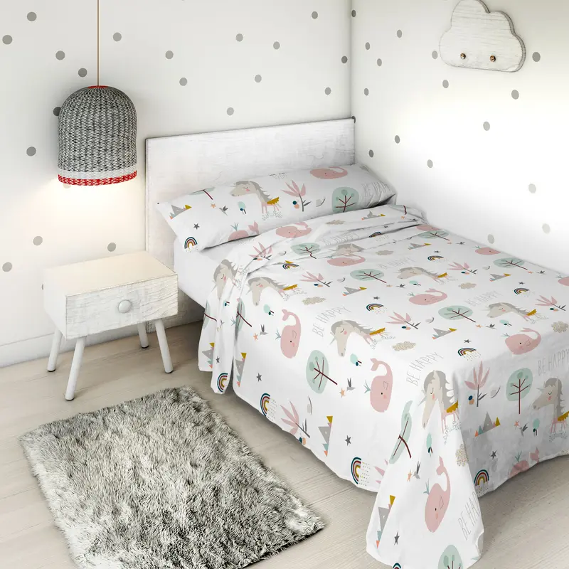 JUEGO SÁBANAS ESTAMPADAS INFANTIL RAINBOWLAND 100% ALGODÓN