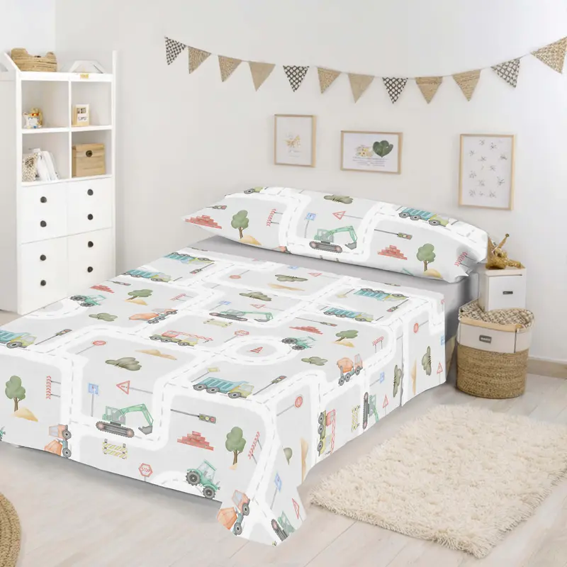 JUEGO SÁBANAS ESTAMPADAS INFANTIL ROAD 100% ALGODÓN