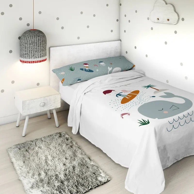 JUEGO SÁBANAS ESTAMPADAS INFANTIL SURF A 100% ALGODÓN