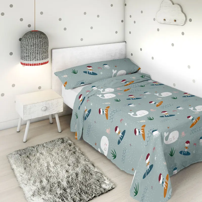 JUEGO SÁBANAS ESTAMPADAS INFANTIL SURF B 100% ALGODÓN