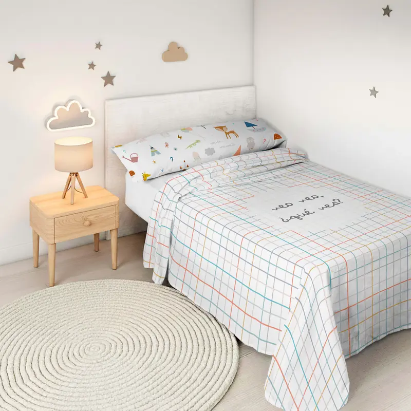 JUEGO SÁBANAS ESTAMPADAS INFANTIL VEO VEO A 100% ALGODÓN