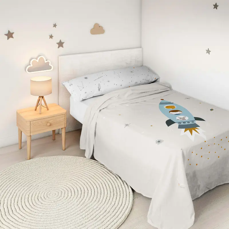 JUEGO SÁBANAS ESTAMPADAS INFANTIL VIAJE ESPACIAL A 100% ALGODÓN