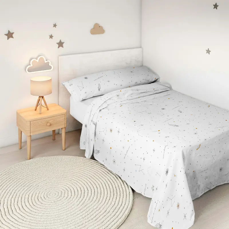 JUEGO SÁBANAS ESTAMPADAS INFANTIL VIAJE ESPACIAL B 100% ALGODÓN