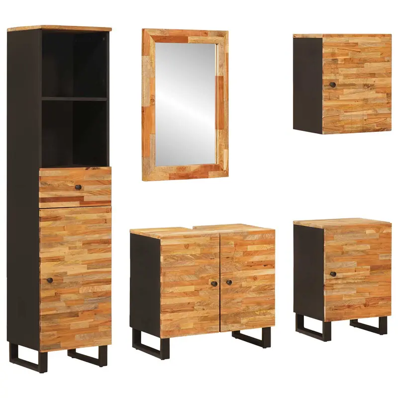 Juegos de Baño con cajón 5 pcs Natural Madera de mango maciza