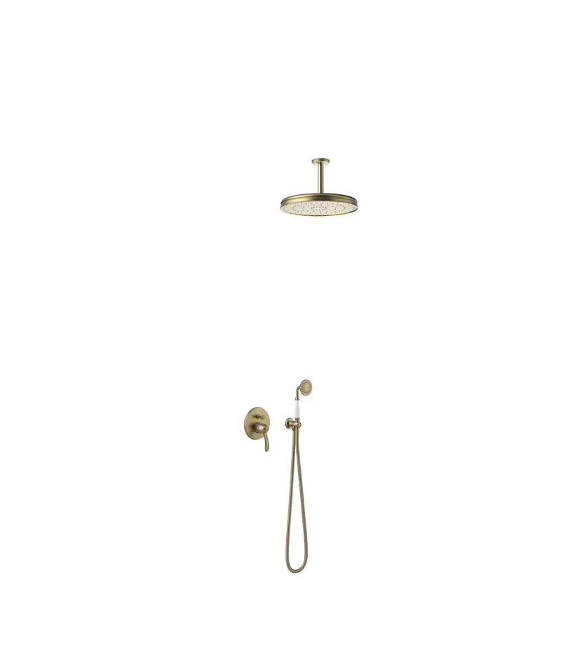 Kit de grifo monomando para ducha con inversor y brazo a techo acabado latón viejo mate Tres Clasic Tres
