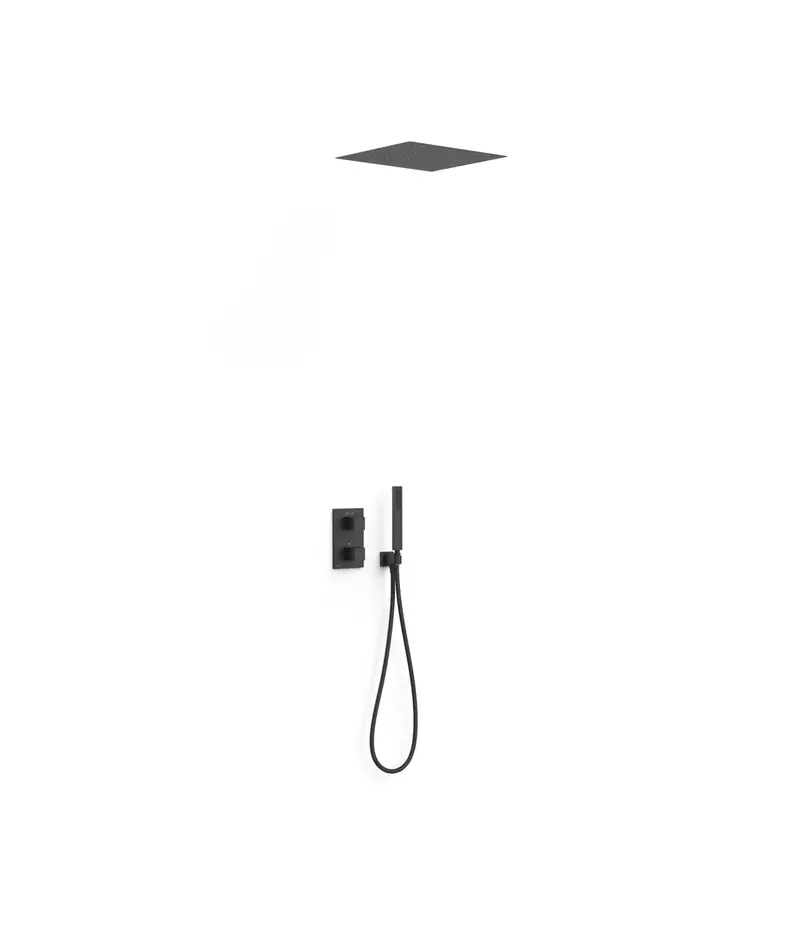 Kit de grifo termostático con ducha de mano y rociador empotrado acabado negro mate Therm-box TRES
