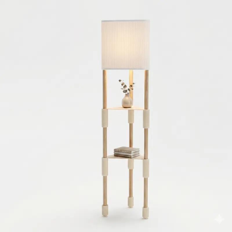 Lámpara de pie TRIARA con Estantes | Madera natural y diseño escandinavo