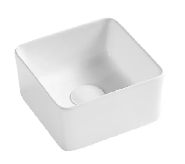 Lavabo cerámica blanco compacto cuadrado sobre encimera bordes finos curvos QTRO 24 de Aquore