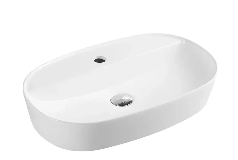 Lavabo sobreencimera blanco de ceramica ovalado con bordes finos y orificio para grifería Evea 61 M de Aquore