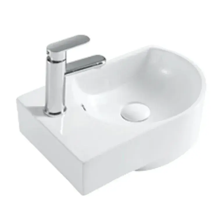 Lavabo suspendido blanco de ceramica con rebosadero y orificio para grifería de fijación a pared Mini 41 L de Aquore