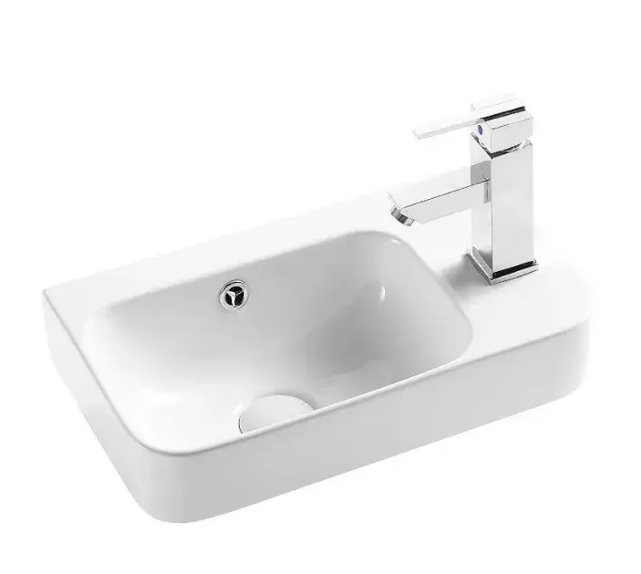 Lavabo suspendido blanco rectangular de cerámica con rebosadero y anclaje a pared Mini 28 R de Aquore
