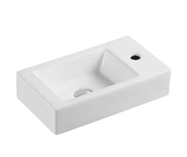 Lavabo suspendido rectangular blanco de cerámica con grifería lateral MINI 45 R de Aquore