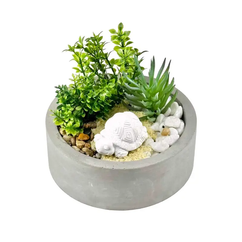 MACETA DE CEMENTO CON PLANTA Y TORTUGA