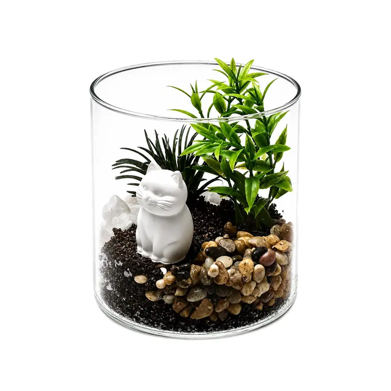 MACETA DE CRISTAL CON PLANTA Y GATO
