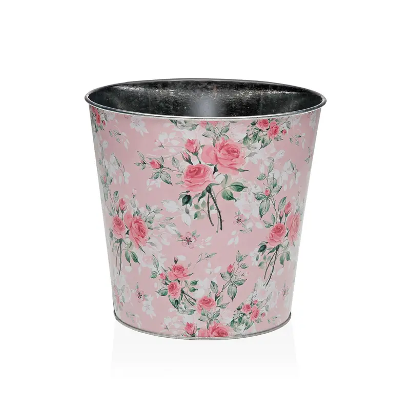 MACETA METALICA ROSA CON FLORES XL