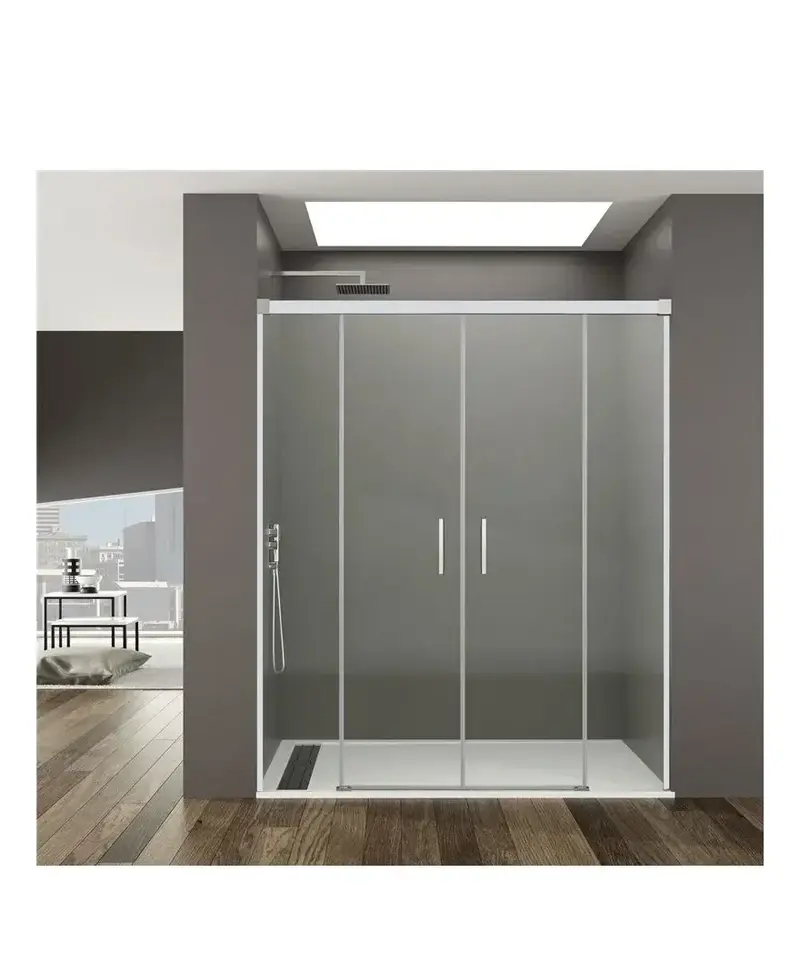 Mampara Frontal Ducha 4 Hojas 2 Correderas 2 Fijas BASIC GME Blanco Cromado A Medida 132-210 cm