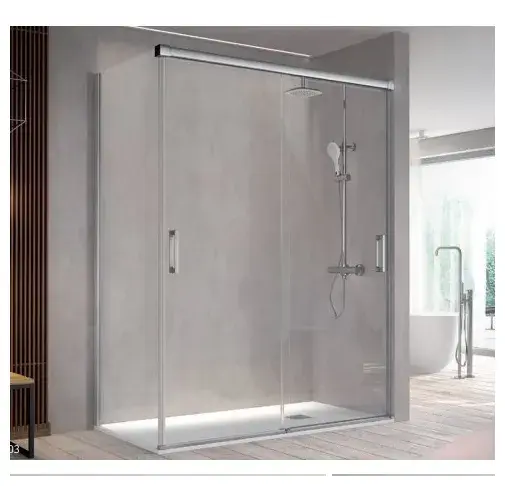 Mampara frontal en cristal templado BT111 con dos puertas correderas y lateral fijo de 195 cm Kassandra