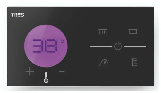 Mando termostático electrónico para ducha con acabado negro de Shower Technology TRES