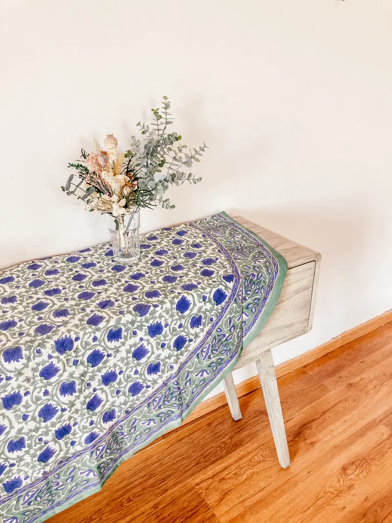 Mantel Kavya redondo azul y verde