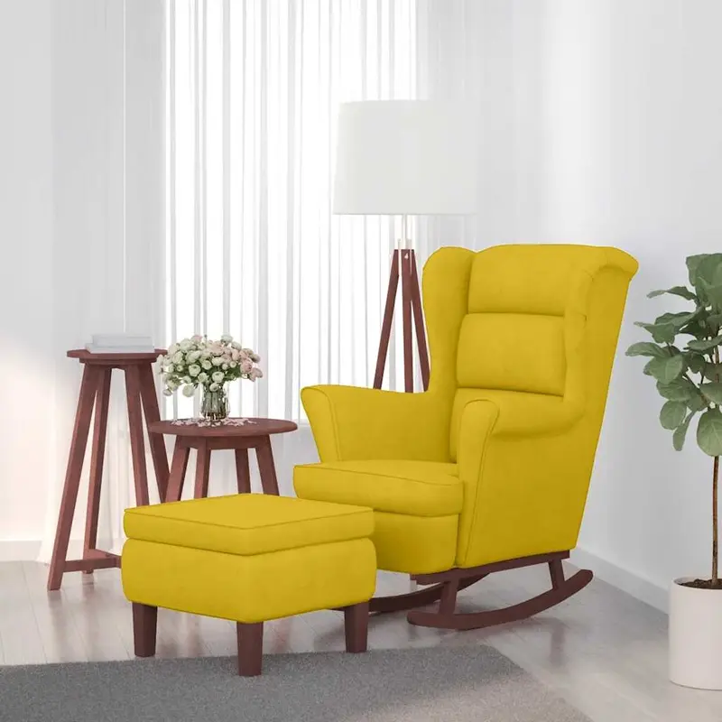 Mecedora con respaldo alto de terciopelo amarillo madera maciza
