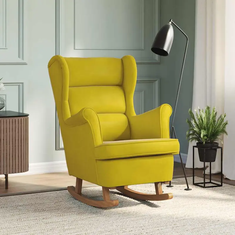 Mecedora con respaldo alto de terciopelo amarillo madera maciza