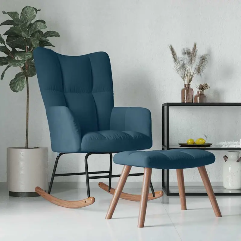 Mecedora con taburete de terciopelo azul