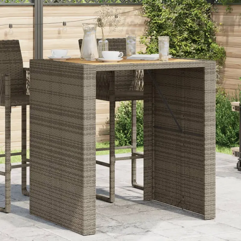Mesa alta jardín superficie madera ratán PE gris 105x80x110 cm
