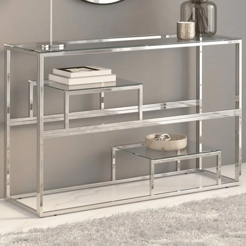 Mesa consola acero inoxidable plateado y vidrio templado