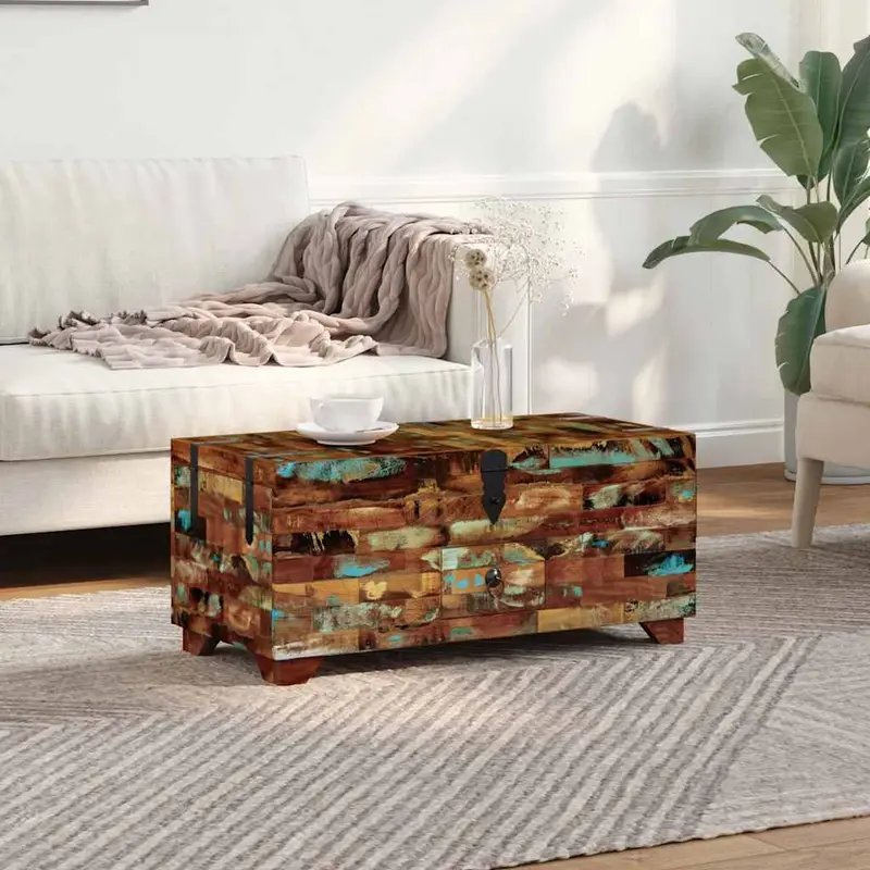 Mesa de centro baúl de madera maciza reciclada 80x40x35 cm