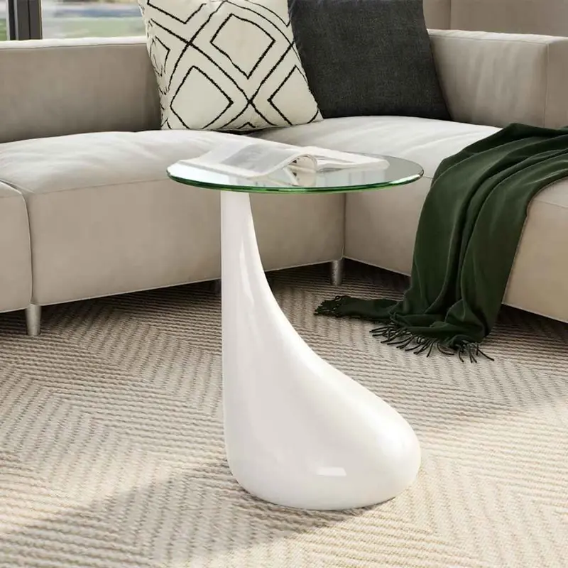 Mesa de centro con superficie redonda vidrio blanco brillante