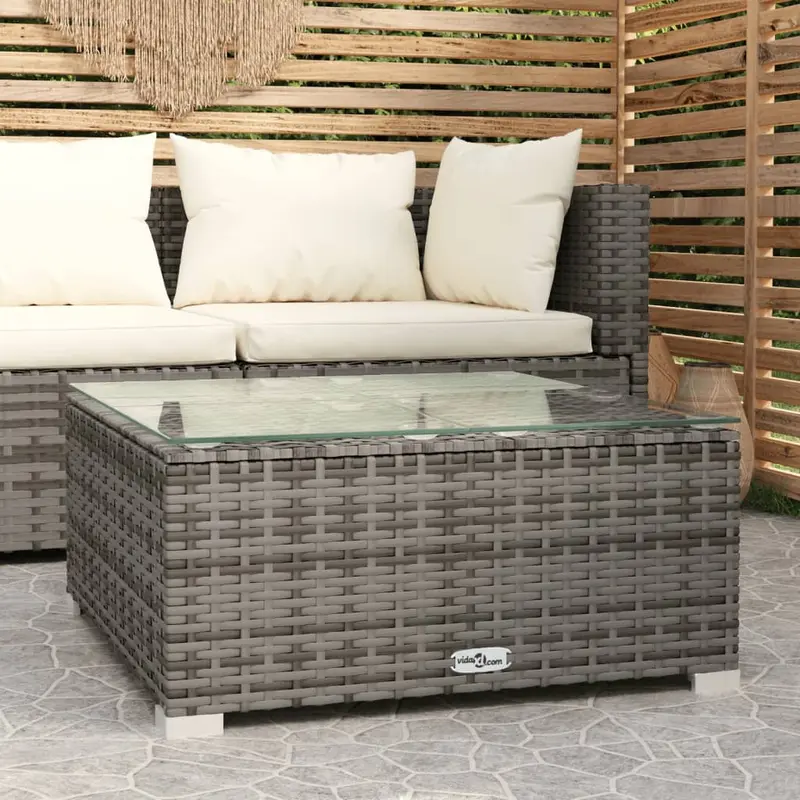 Mesa de centro de jardín ratán PE y vidrio marrón 60x60x30 cm