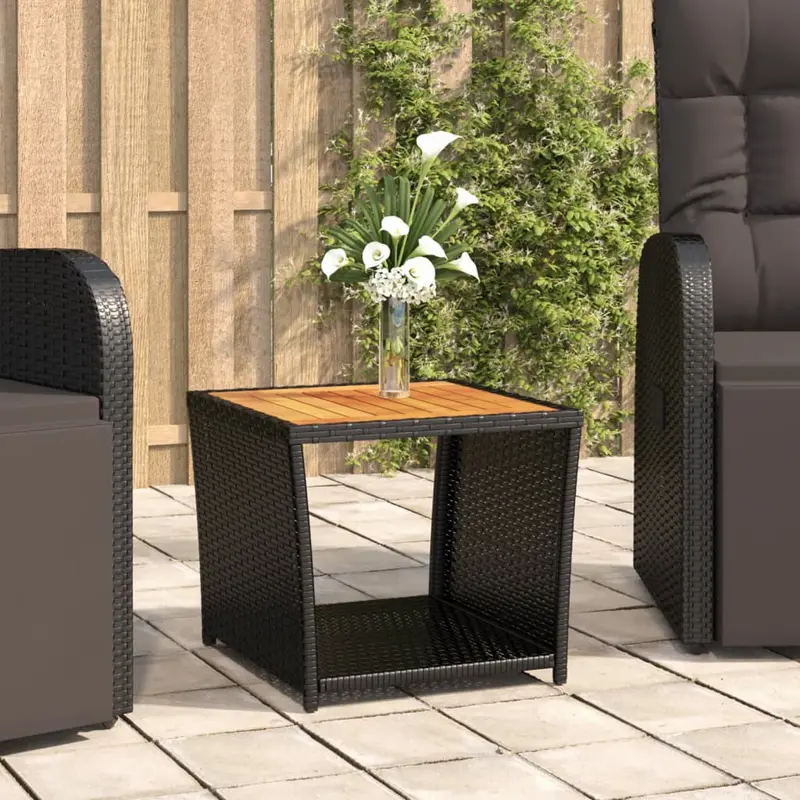 Mesa de centro ratán negro y superficie madera maciza acacia