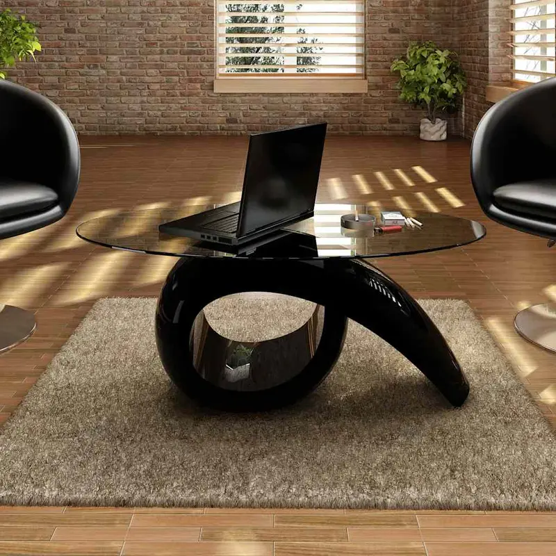 Mesa de centro superficie ovalada de vidrio negro brillante